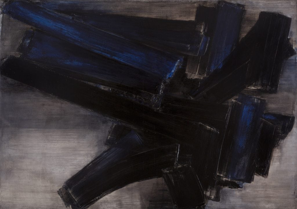 Gestural abstraction by Pierre Soulages with bold broad black brushstrokes and a hint of dark blue.