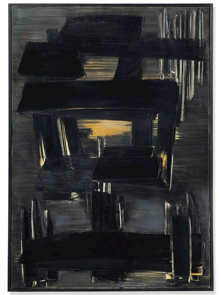 Abstract painting by Pierre Soulages in predominantly black, grey, and a small area of yellow in the center, horizontal and vertical gestural brushstrokes.