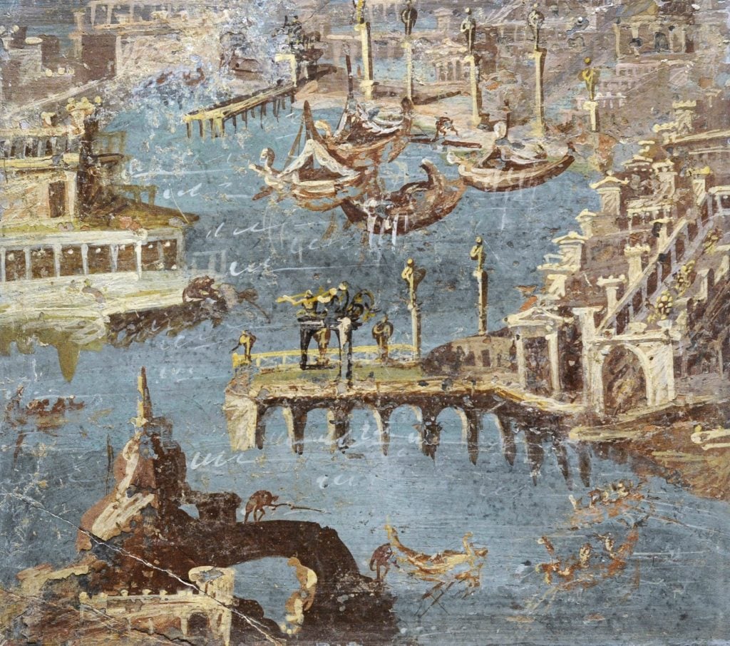 An ancient fresco depicting a port filled with many vessels