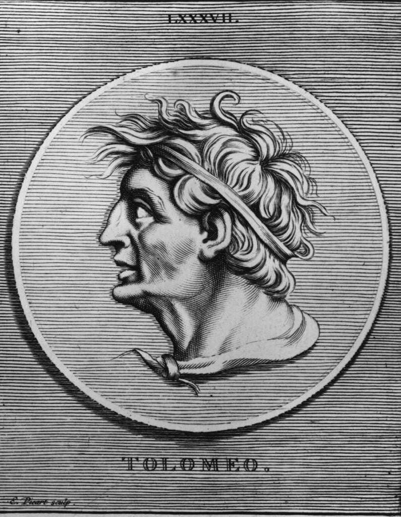 Engraved portrait of Ptolemy I, founder of the Ptolemaic dynasty, depicted in a classical style.