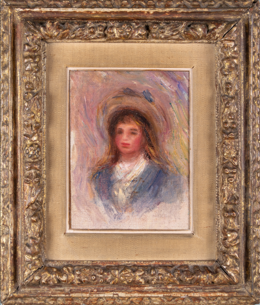 a framed painting of a girl in a hat around her is a swirl of color