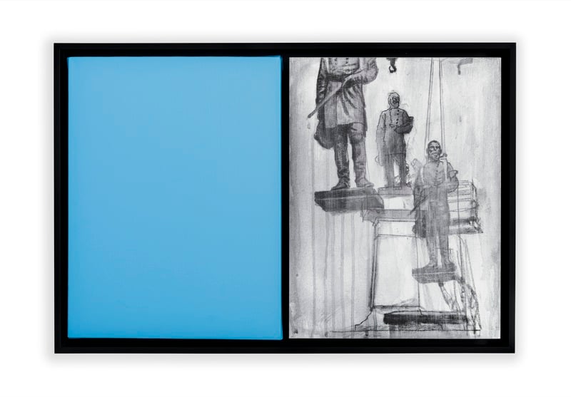 A two-part work with the left a solid field of light blue and on the right a black and white drawing of three figures standing at various heights on a multi-part platform, featured at the forthcoming edition of the art show by A.D.A.A.