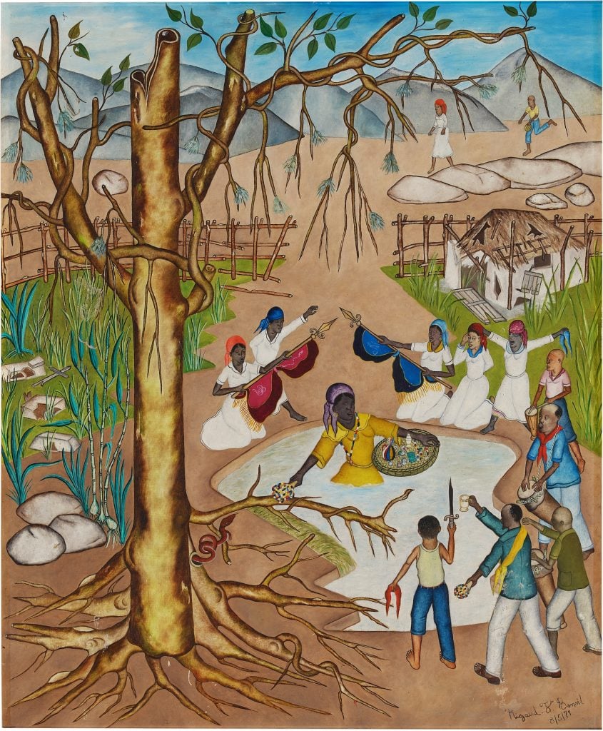 A painting of a Haitian religious ceremony underway under a large tree