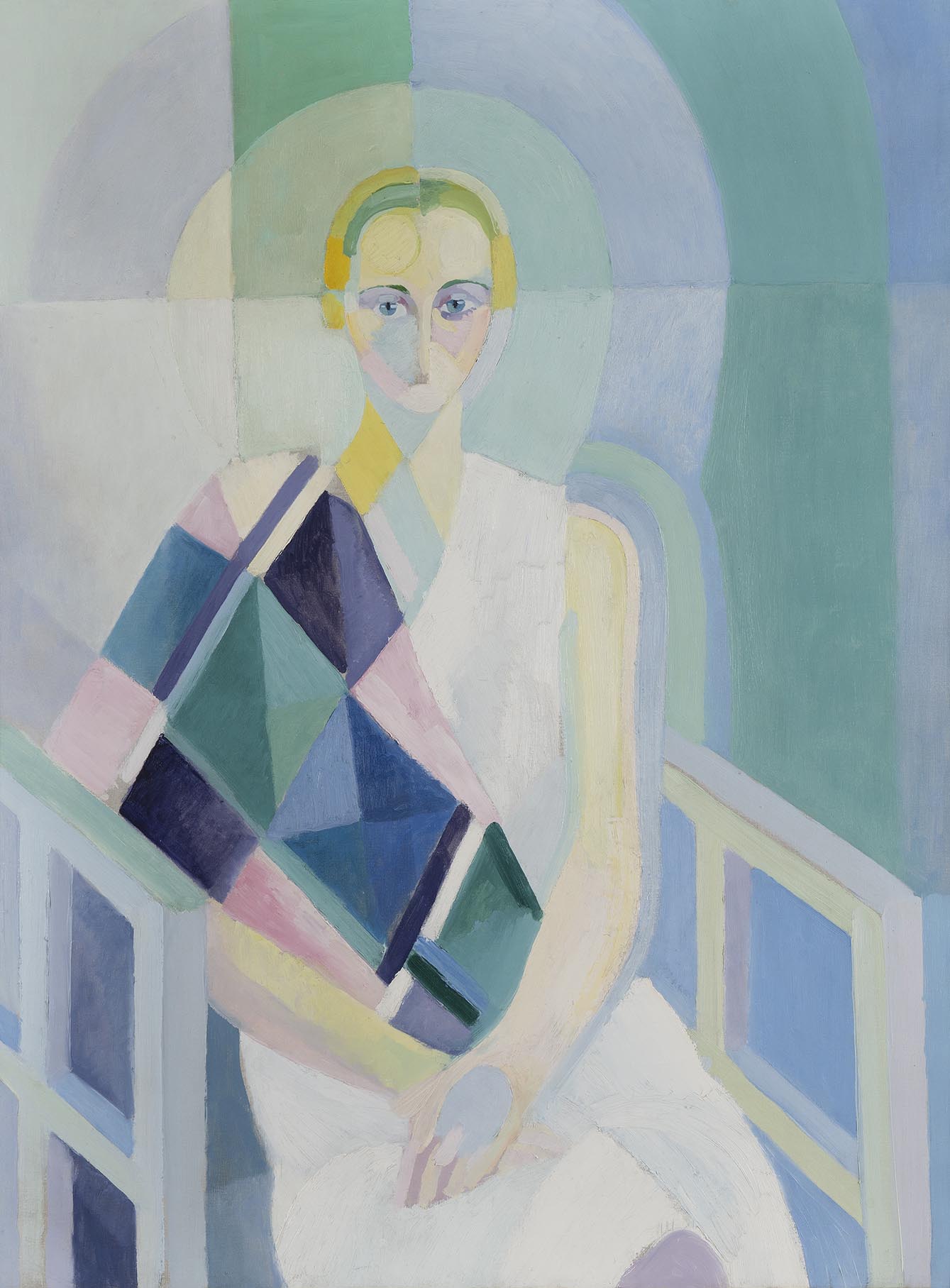 Geometric abstract portrait by modern icon artist Robert Delaunay in pale and pastel shades of blue and green and yellow.