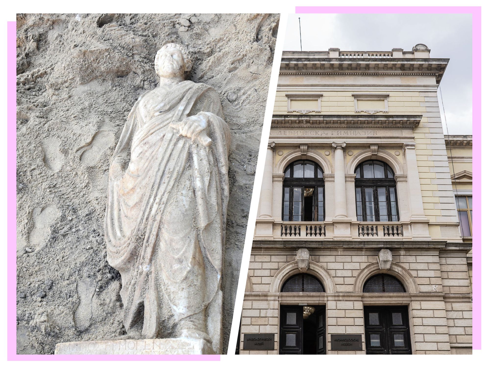 A marble statue is shown in situ, partially uncovered during what seems like an archaeological excavation. The figure, also wearing Roman robes and holding a scroll, is upright against a soil wall, with the base inscription faintly visible.