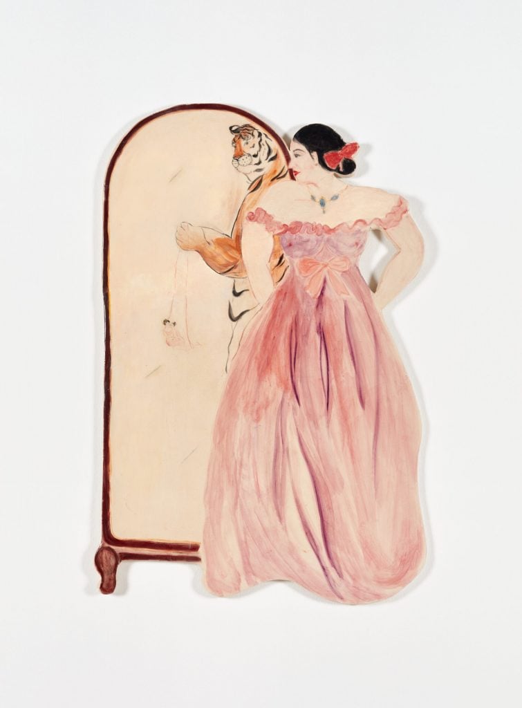 Cutout artwork of a woman in a pink gown glancing in a floor-length mirror where a tiger is glancing back out, featured in the forthcoming Artissima fair.