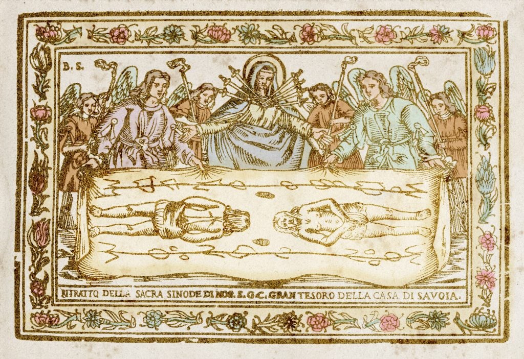 A colored woodcut depicting Mary Magdalene at center, flanked by angels, all of them looking at the Shroud of Turin