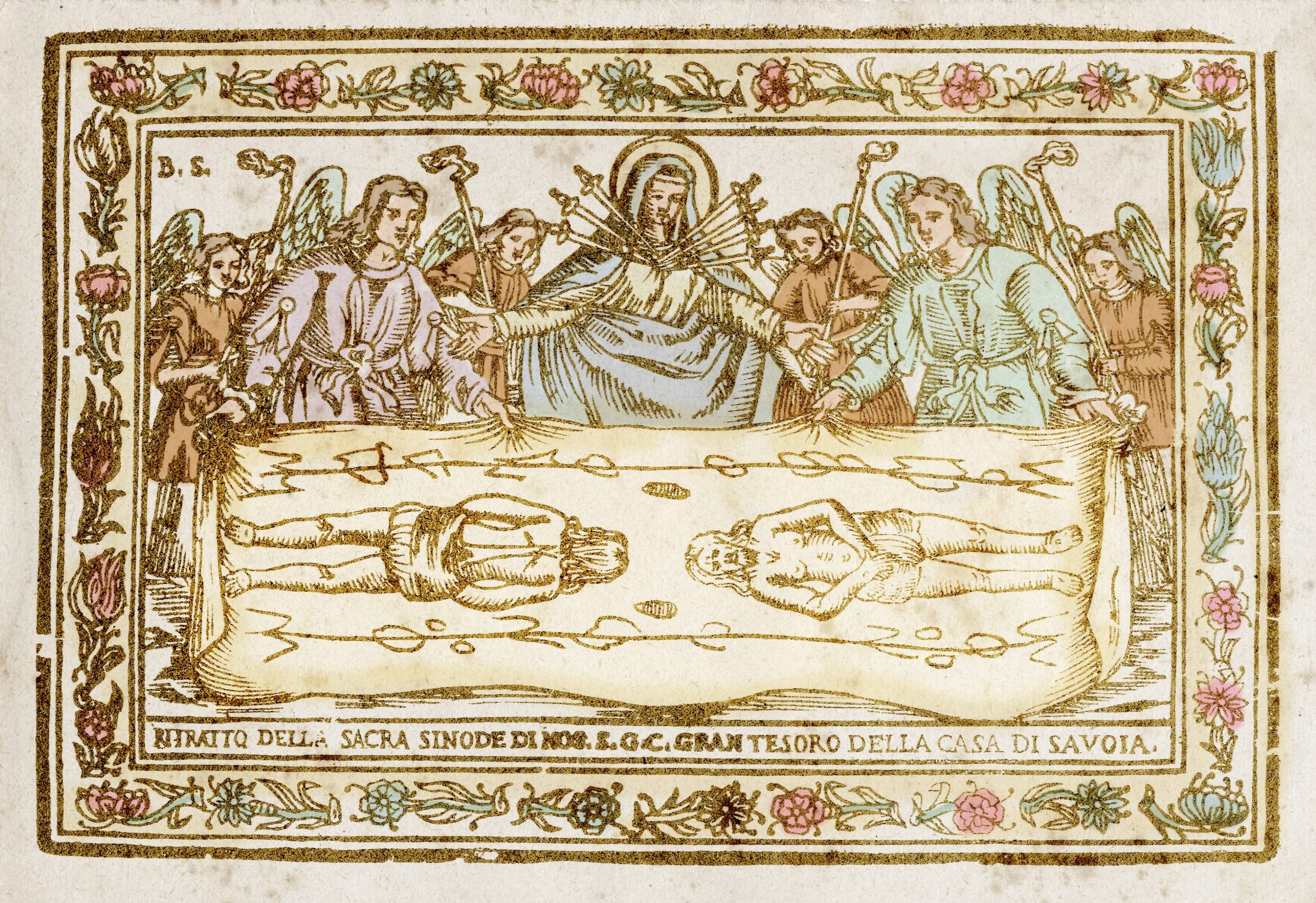 A colored woodcut depicting Mary Magdalene at center, flanked by angels, all of them looking at the Shroud of Turin