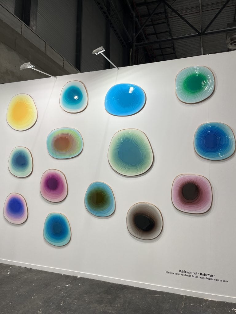 A series of multicolor plexiglas irregular circles installed on a white panel wall.