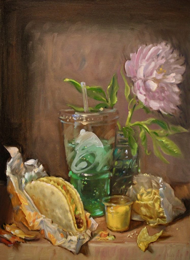 A painting of a taco, a green drink in a plastic cup, and a flower in a vase