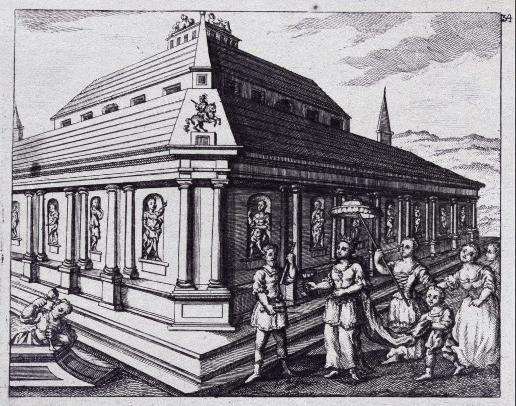 Engraving showing a group of people standing beside a rendering of the Temple of Artemis