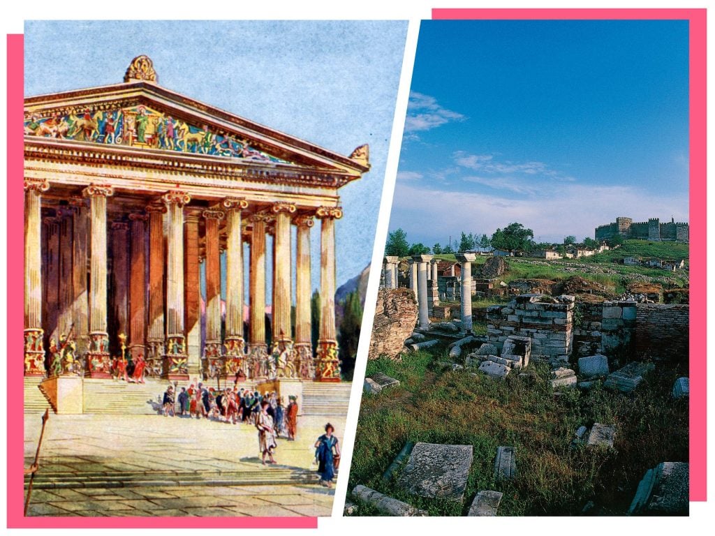 On the left panel, a colorful illustration of a Greek temple; on the right, stone ruins in a marshy field