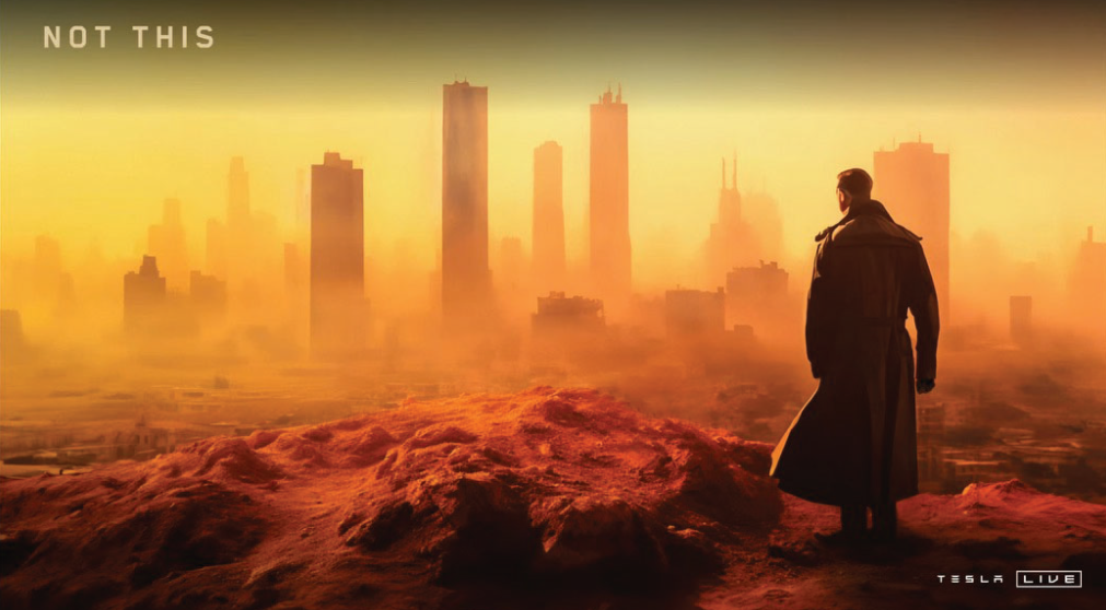 A.I. generated image of a man standing on a cliff edge, looking out at an orange-tinted cityscape