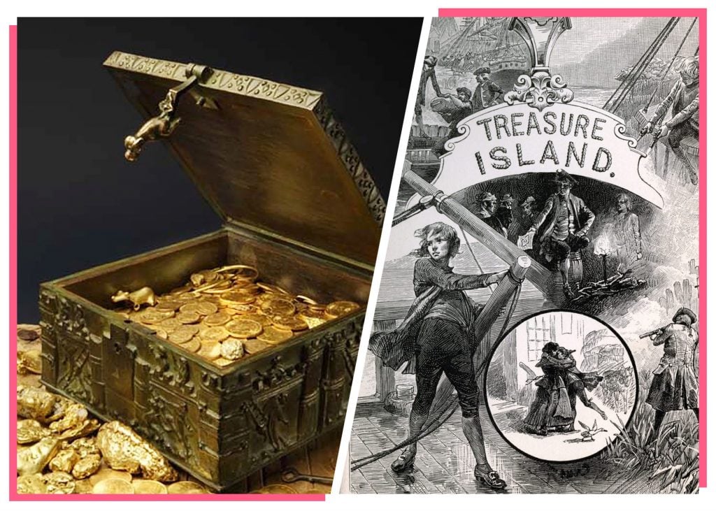 A left panel showing an ornate chest filled with gold coins and objects; a right panel showing an illustration for the book 