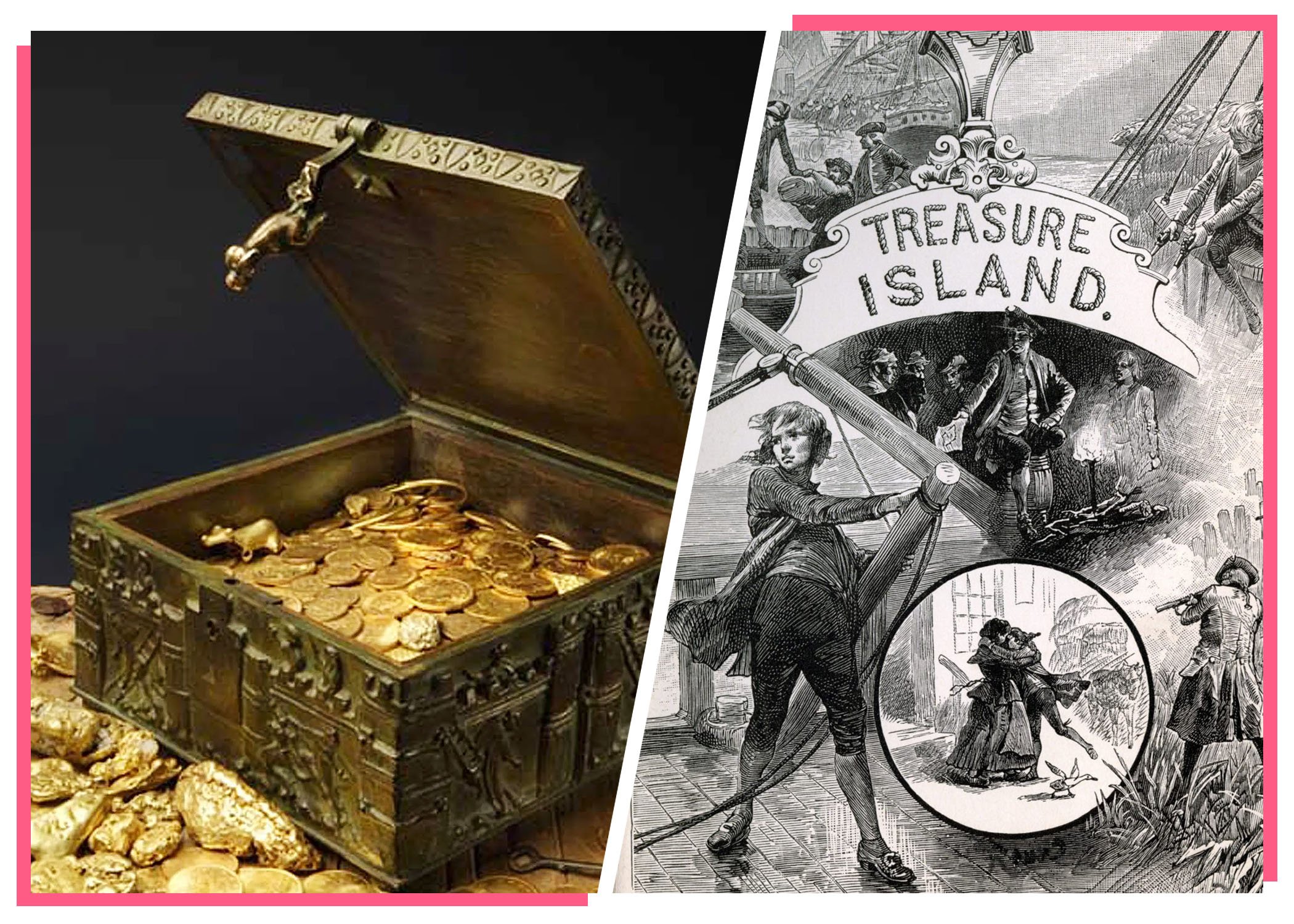 A left panel showing an ornate chest filled with gold coins and objects; a right panel showing an illustration for the book "Treasure Island"