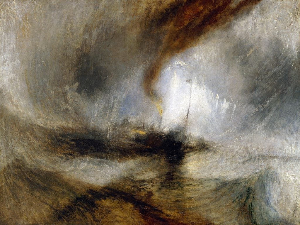 a painting of a ship at sea in the middle of a snow storm with gusts of wind beating down on the sails