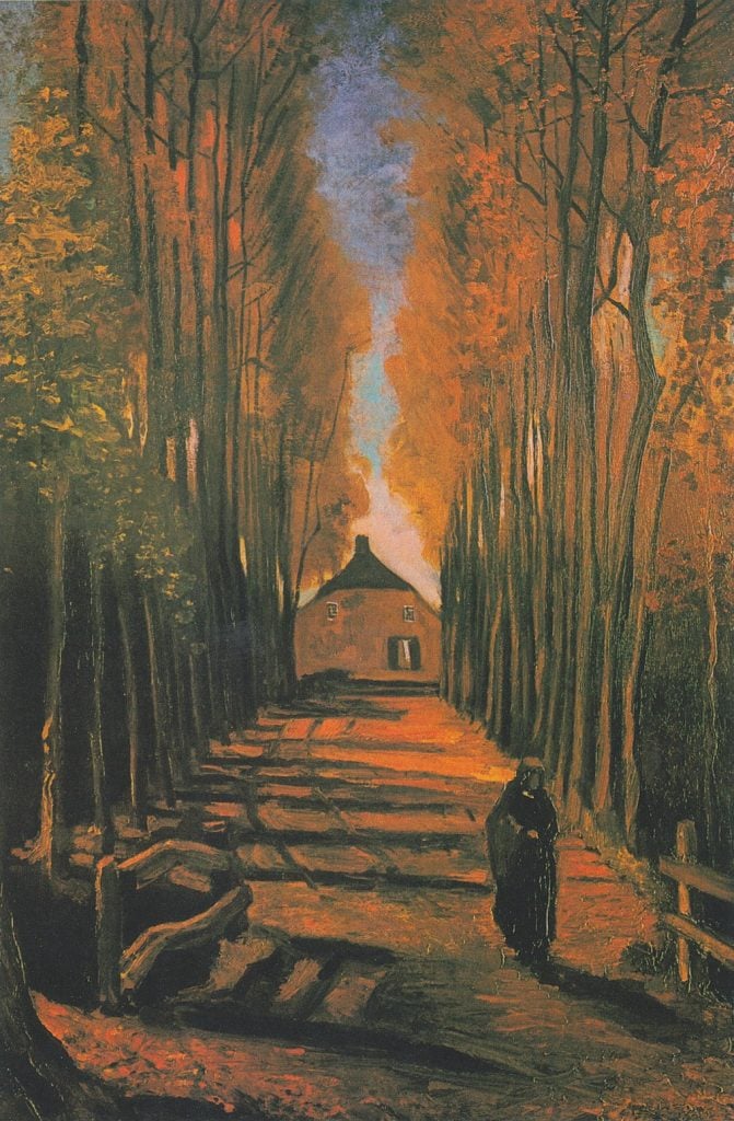 Van Gogh painting of a tree-lined path in autumn, with warm, golden and orange tones