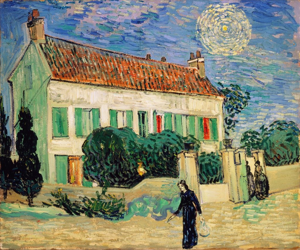 Van Gogh's bright, vivid painting of a white house, with a black-clad woman walking in front of it.