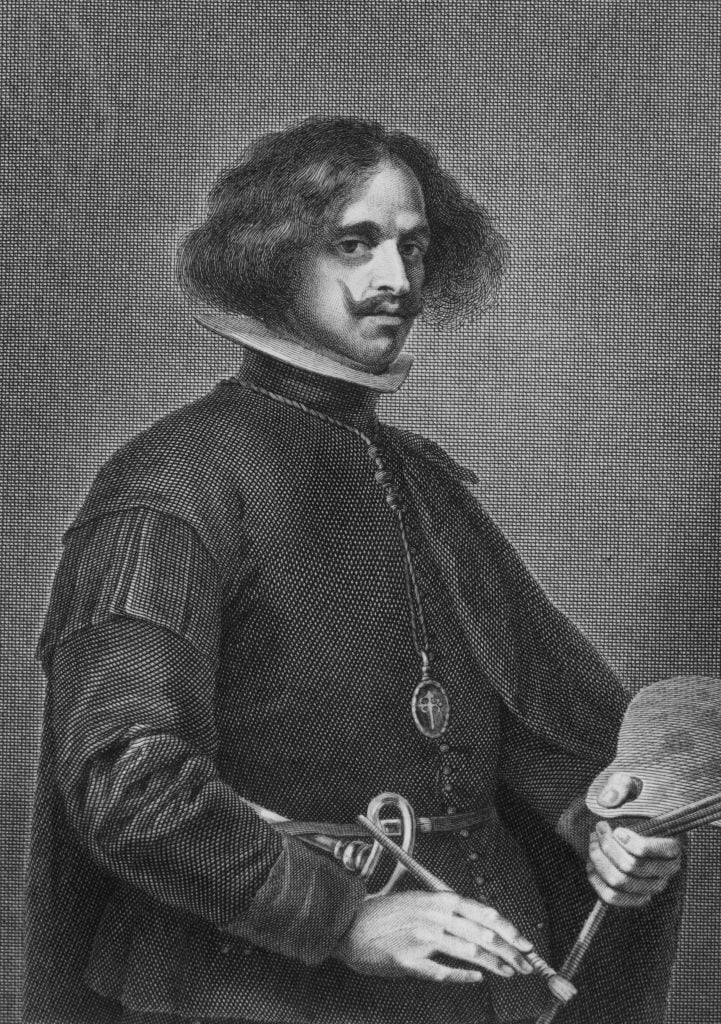 A black and white illustrated portrait of painter Diego Velazquez, depicted with a mustache, heavy brows, and chin-length hair, wearing a high collar, and a paintbrush and easel in his hands