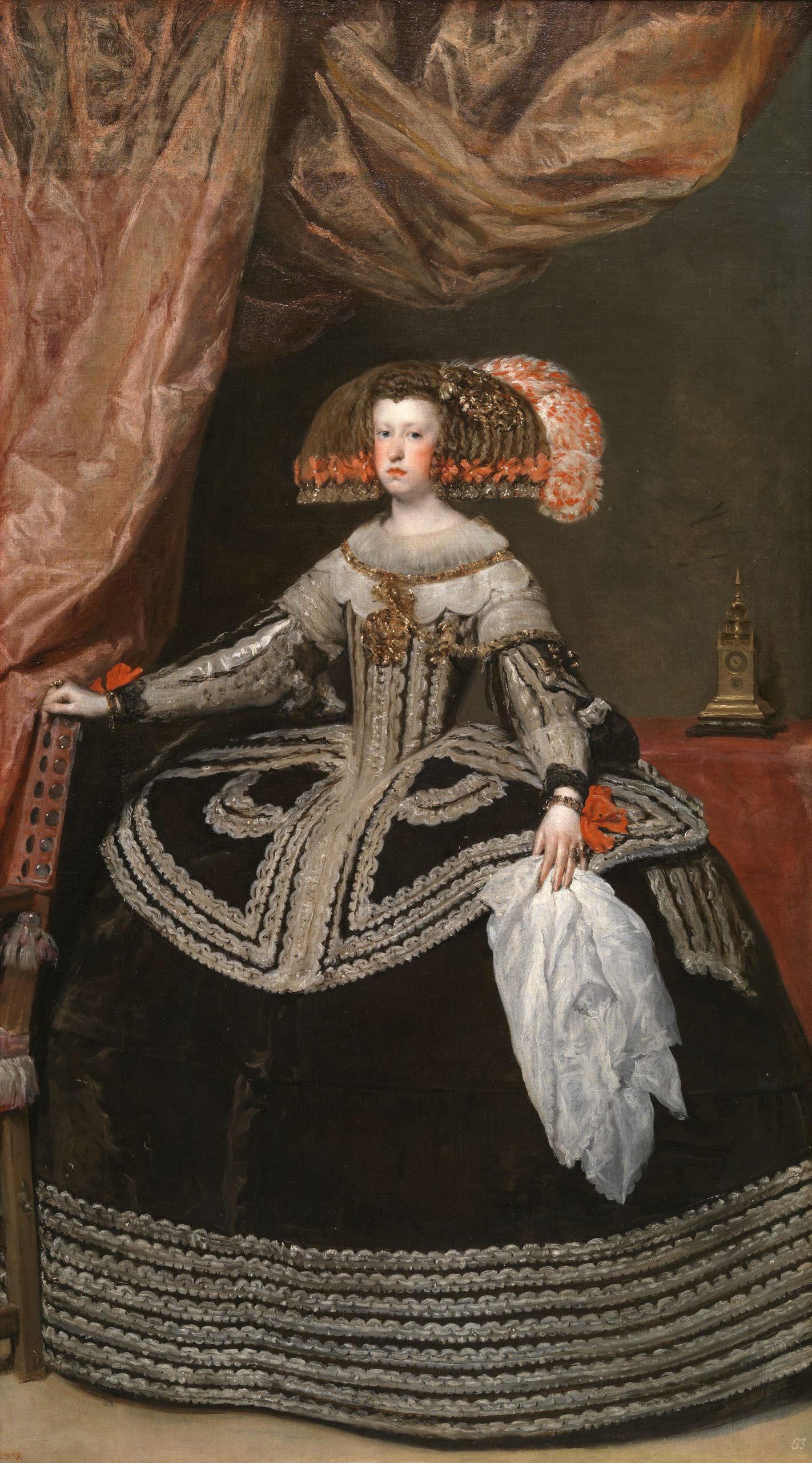 A portrait of Queen Mariana by Velázquez, showcasing elaborate attire and intricate 17th-century Spanish fashion.