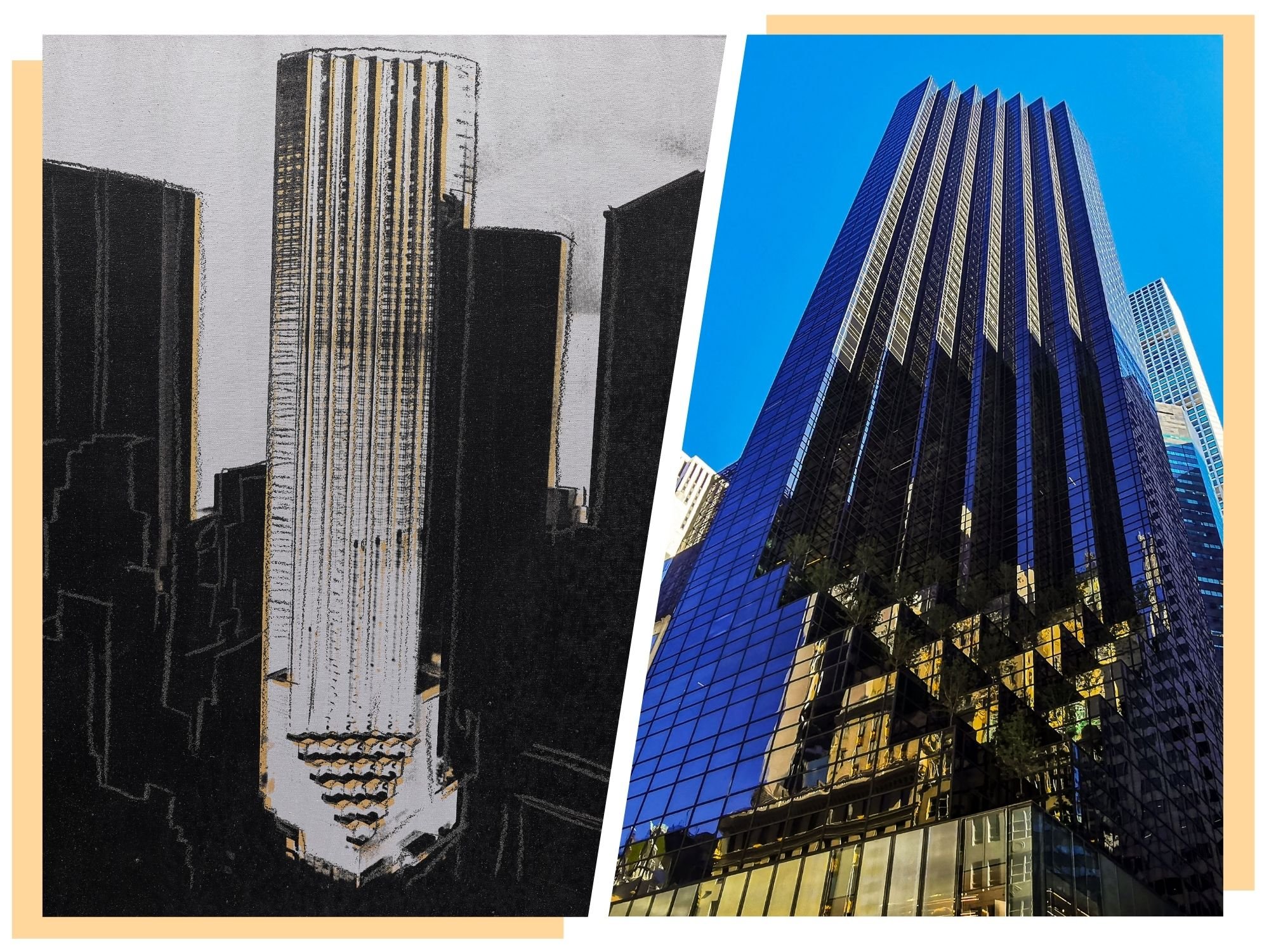 Andy Warhol's Trump Tower, left, Trump Tower in New York City, right.