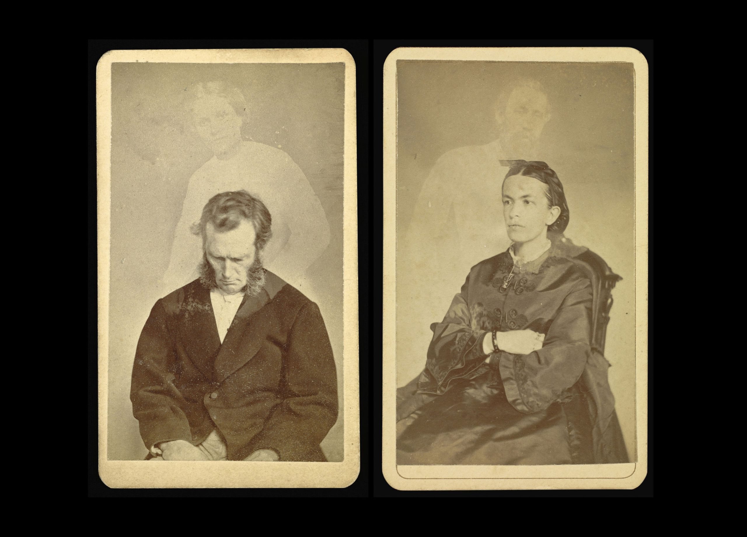 Two double exposure photos showing a man on the left and a woman on the right, both overlaid with white figures