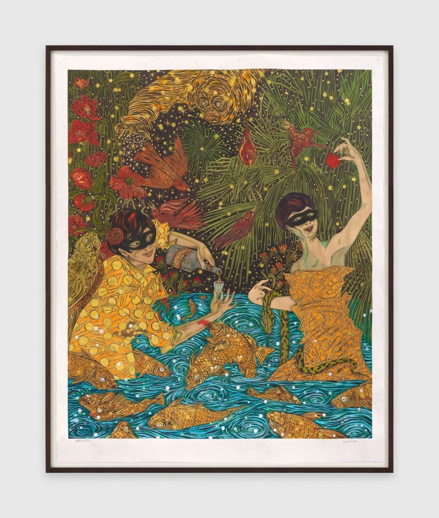 Painting of two women dressed in yellow patterned clothes and eye masks in water against a lush backdrop, featured in the David Zwirner booth at Frieze London.