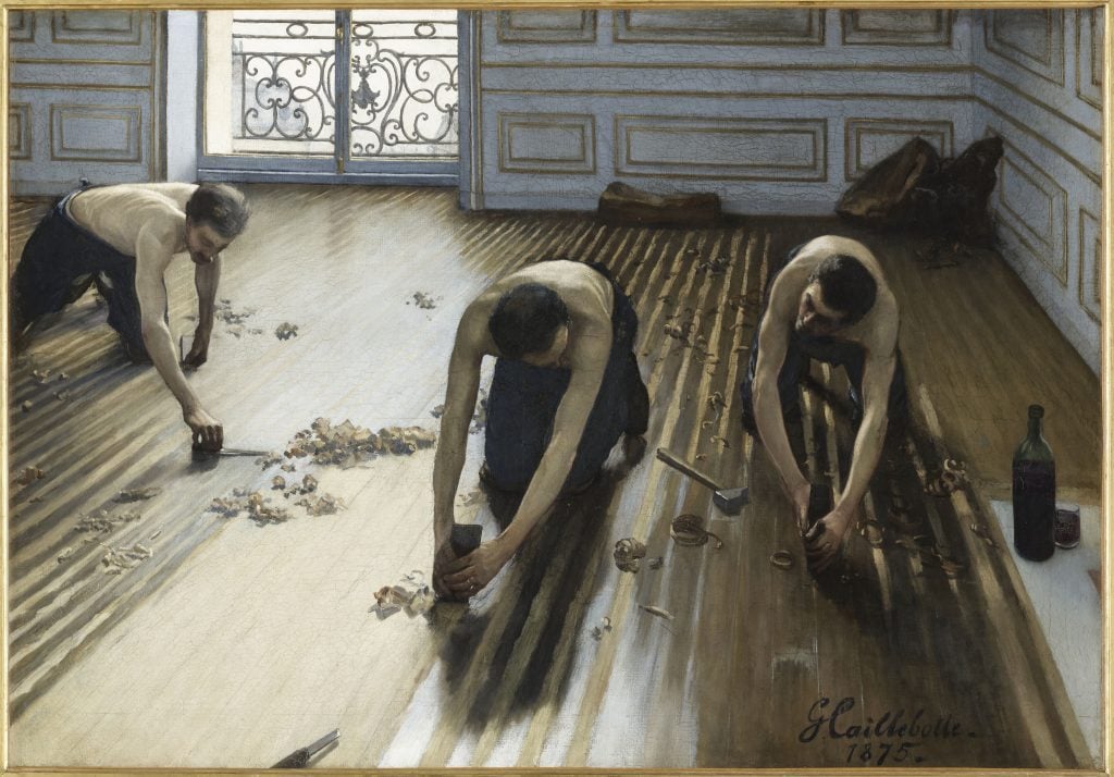 a painting of three topless men scraping a wooden floor