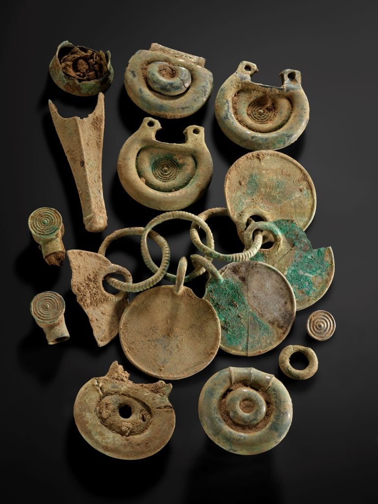 A selection of Bronze Age bronze objects from the Peebles Hoard. 