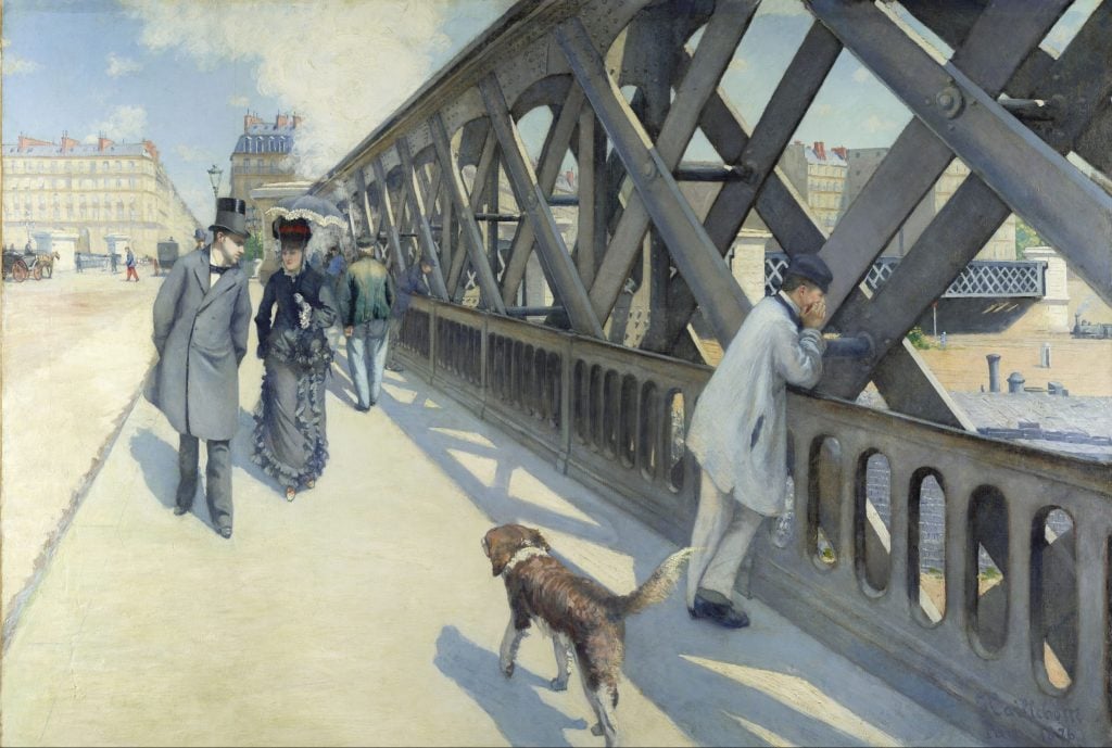 painting of a scene on a bridge