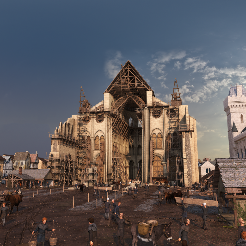 a computer generated scene of the gothic choir being built at Notre Dame