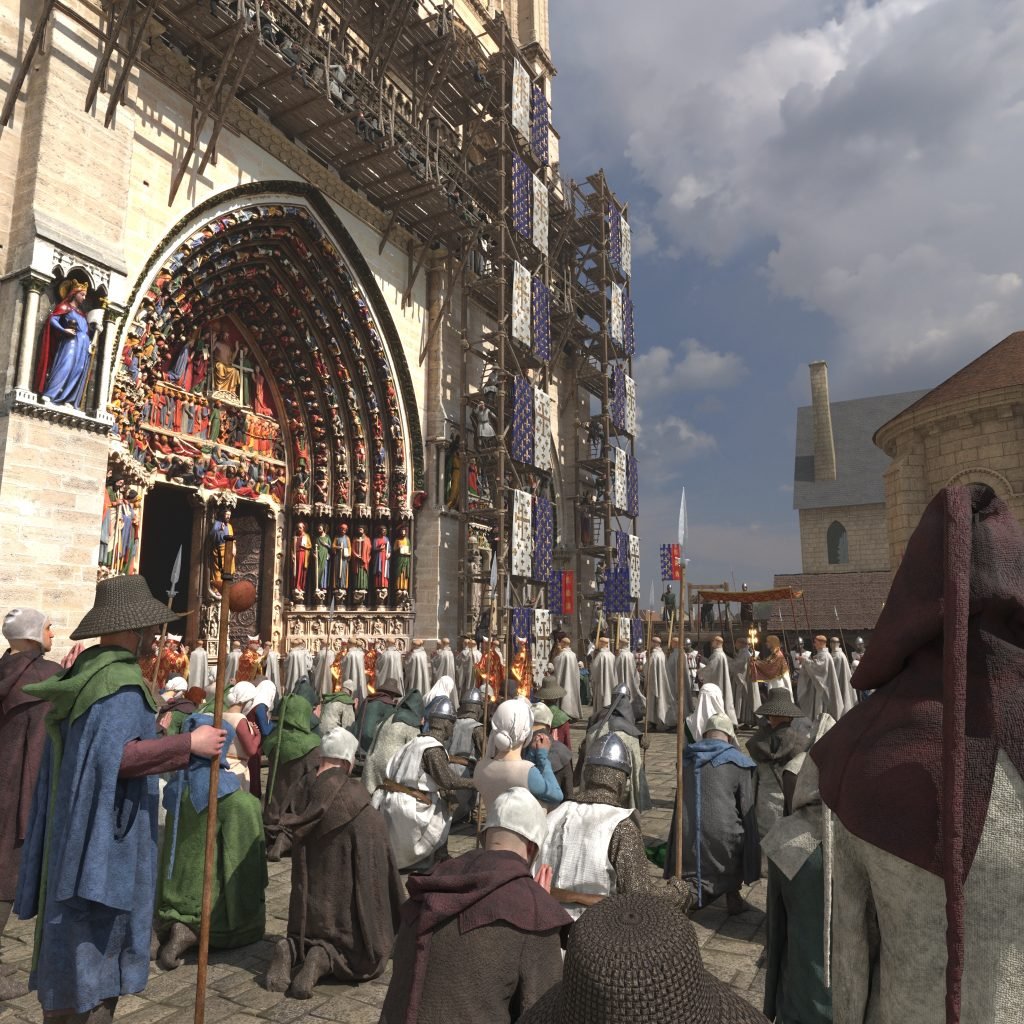 a computer generated scene showing crowds standing in front of the cathedral