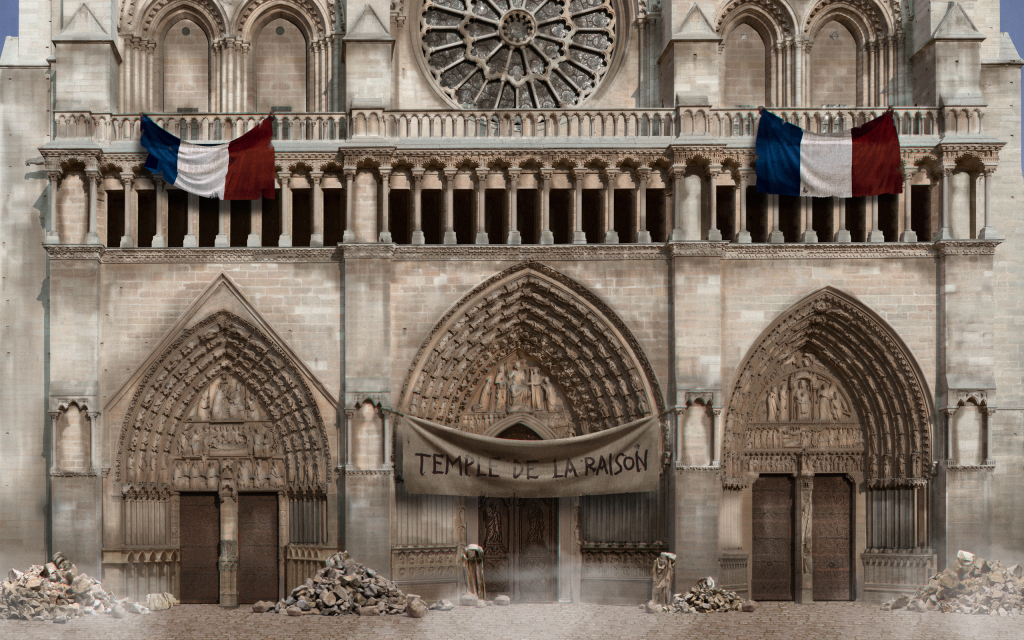 A computer-generated image of the Notre-Dame Cathedral with french flags draped on its facade