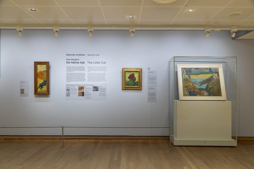 view of the little cat alongside research materials and a portrait of the artist