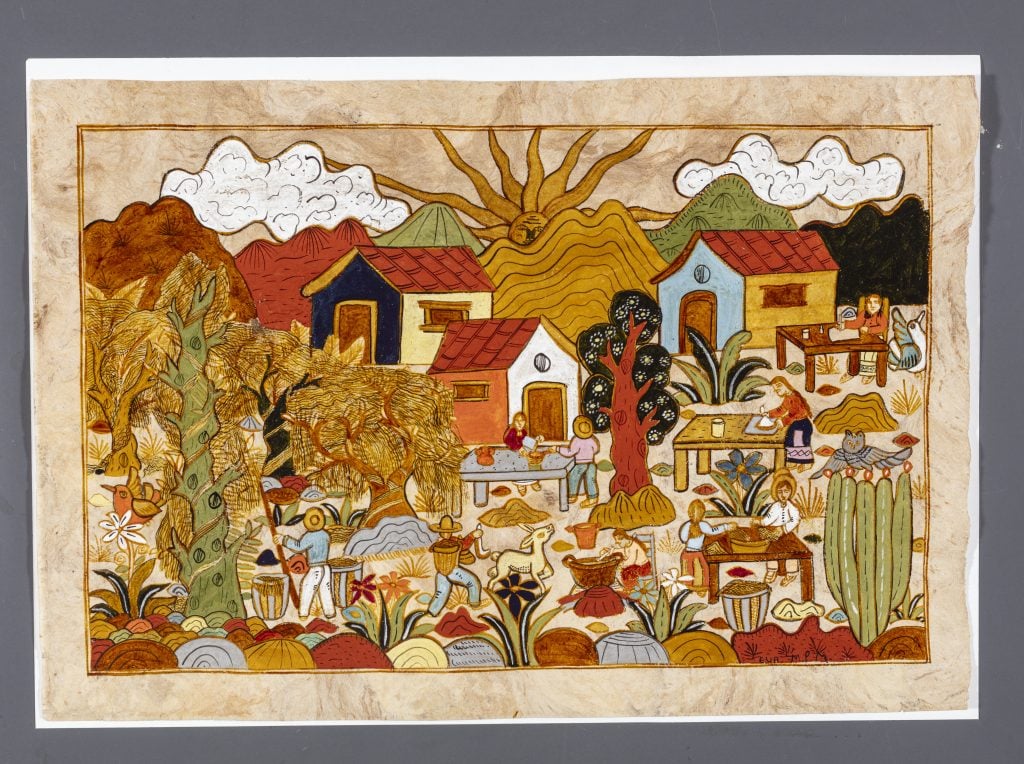 brightly colored painting of a small village in the mountains with trees and cactuses and people being warmed by the rising sun