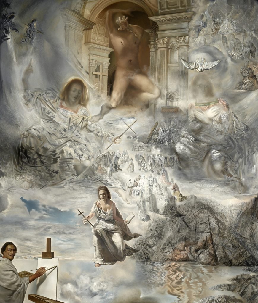 large painting of a cloud formation with various people including a giant naked human figure without a head as well as a man in robes and a woman in robes descending from the sky underneath a giant classical piece of architecture