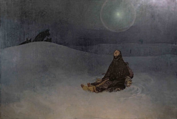 A painting of a woman in a snowdrift as wolves look on