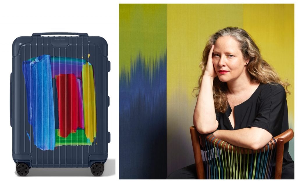 a colorful hardcore shelled luxury luggage is next to a woman posing in front of a yellow background