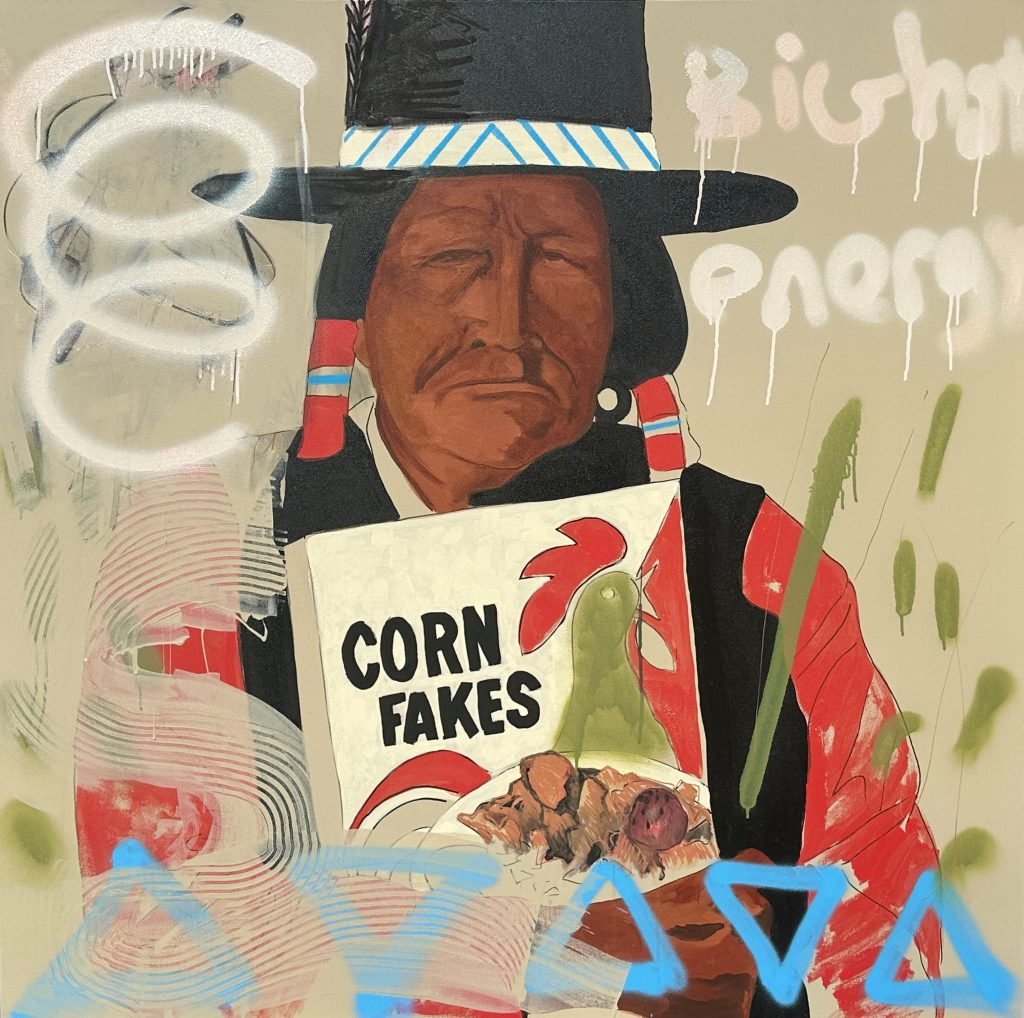 A stylized and abstract painting of a man wearing a traditional black hat with blue and white decorative elements, paired with red and turquoise accents. He holds a cereal box labeled "CORN FAKES" featuring a rooster image, with a plate of food beneath it. The background is adorned with graffiti-like patterns, including text reading "Big Hat Energy" and swirling shapes. 4o