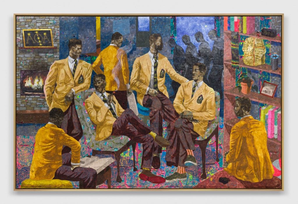 a painting depicts a group of young men in school uniforms with yellow jackets 