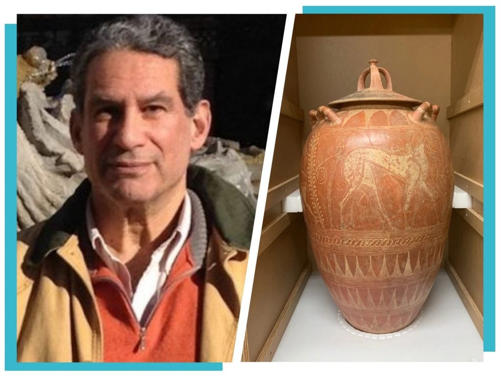 Edoardo Almagià, left, and a 7th century B.C. pithos, right