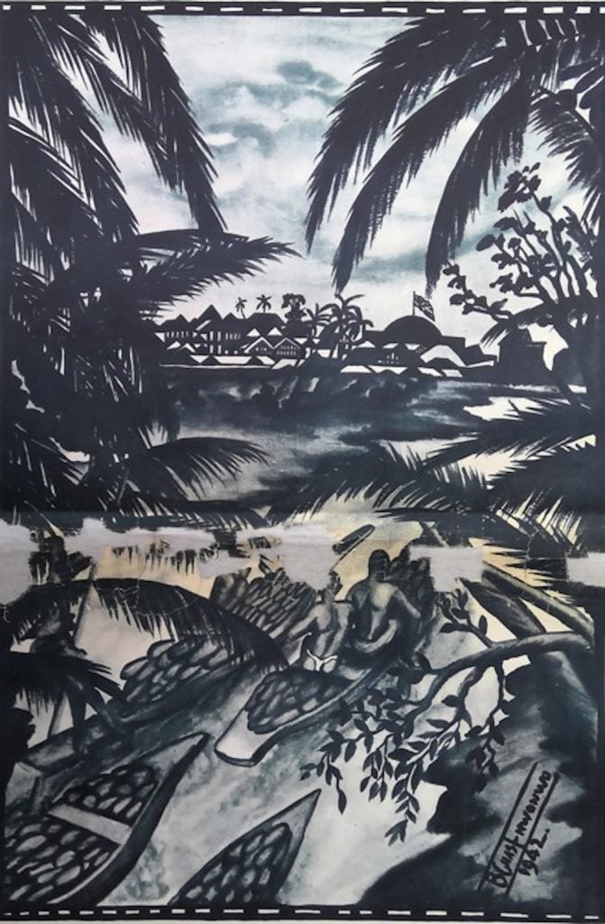 A print of a scene of the transport of yams seen through dark palm leaves in the foreground.