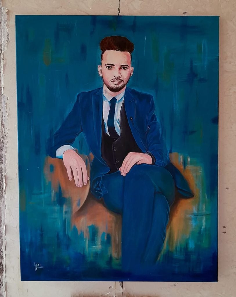 A painted portrait of a man sitting and wearing a blue suit with a nondescript background