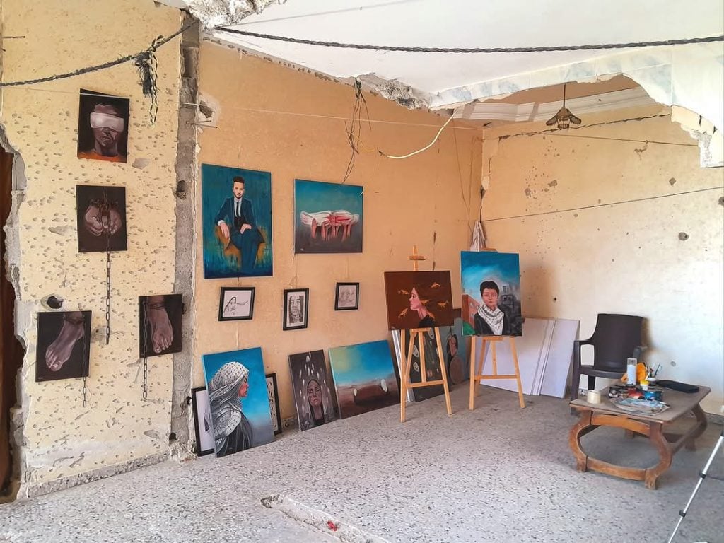 An installation view of work by Aya Juha in her studio in North Gaza.