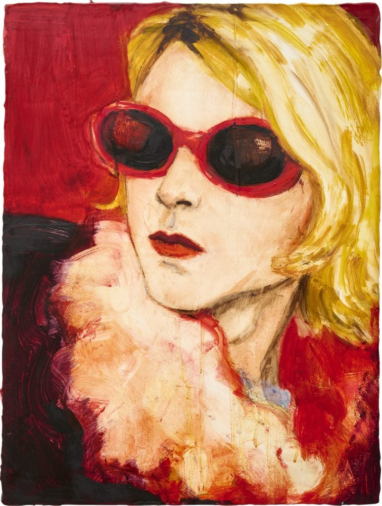 an image of a painting of Kurt Cobain wearing red sunglasses