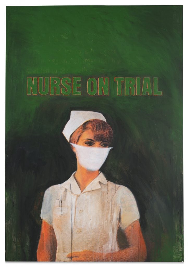 an image of a nurse in a white dress wearing a white face mask against a green background