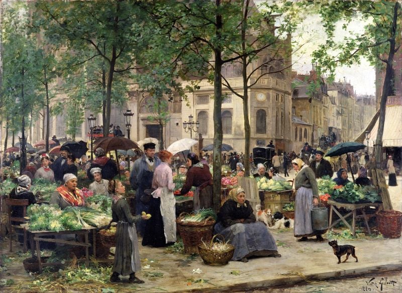 a 19t century painting of a crowd in a parisian square