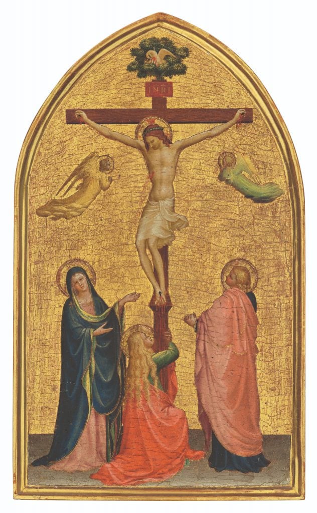 a gold ground medieval painting on wood that shows a simple Cruxifion scene with devoted figures with halos praying beneath the figure of Jesus nailed to the cross