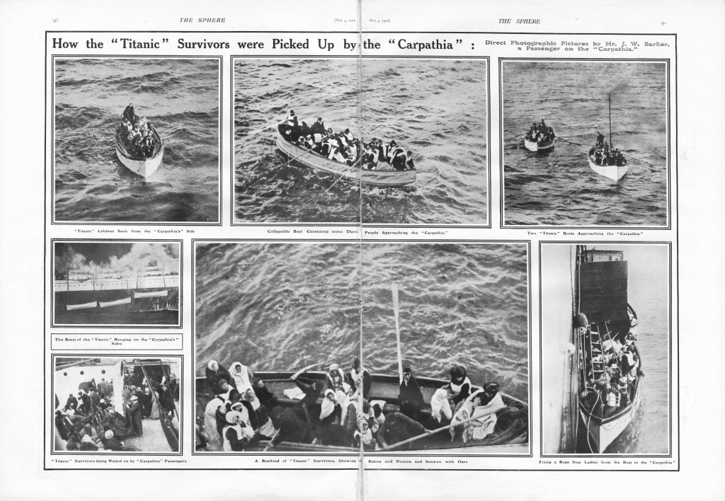 a black and white news image bears the headline 'titanic' survivors were picked up by the 'carpathia'