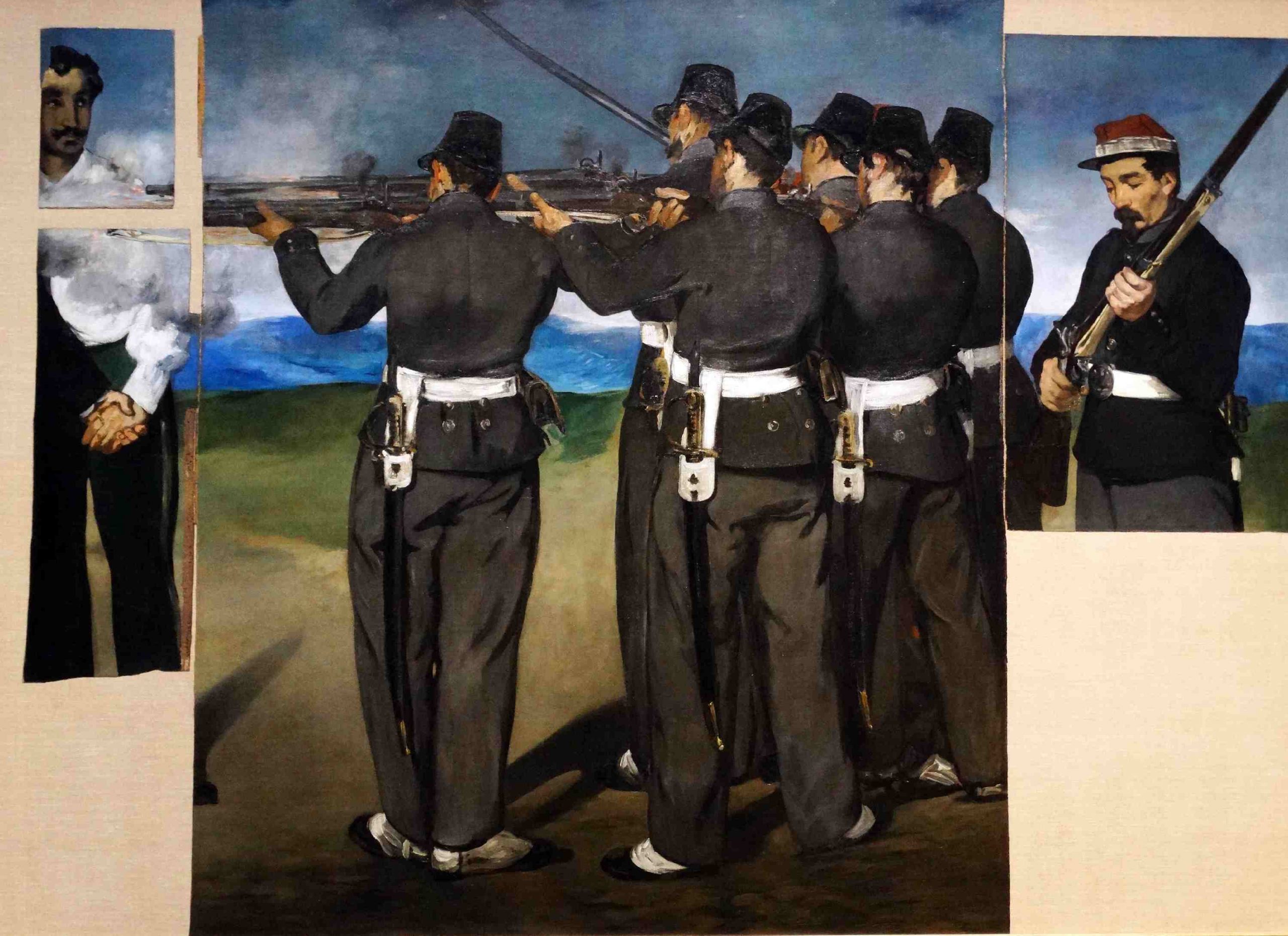 the fragments of the painting of the execution of maximilian showing a group of soldiers firing